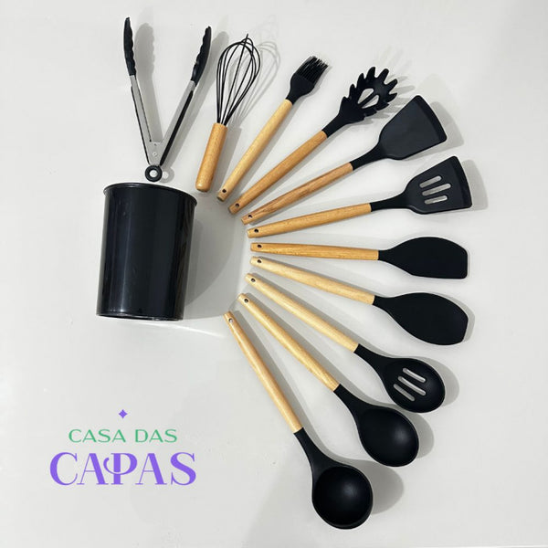 Utensílios de Cozinha unitário em silicone e madeira - Preto