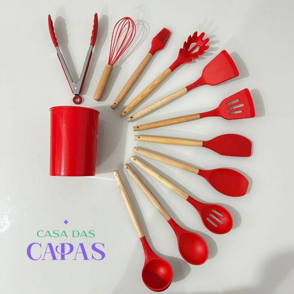 Utensílios de Cozinha unitário em silicone e madeira - Vermelho